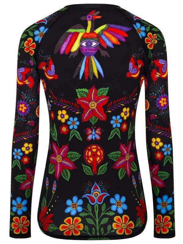 Black long-sleeve cycling jersey with vibrant floral and bird print, ideal for men's and women's bike rides
