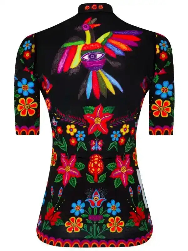 Black women's cycling jersey with vibrant floral and bird print, colorful design for road biking