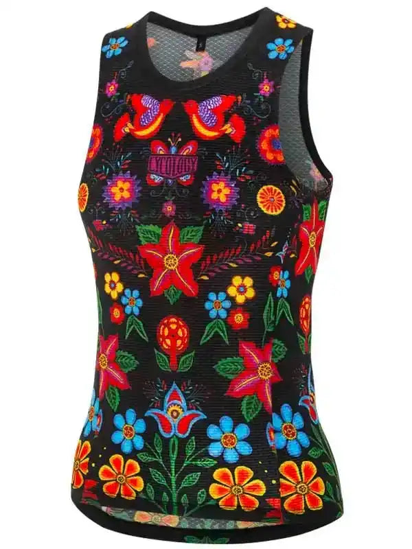 Women's cycling jersey with vibrant floral and butterfly print on black mesh fabric