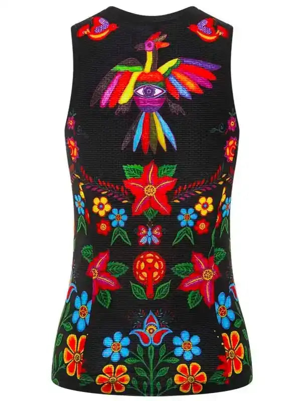 Black sleeveless cycling jersey with vibrant floral and bird embroidery, perfect for women's bike rides.