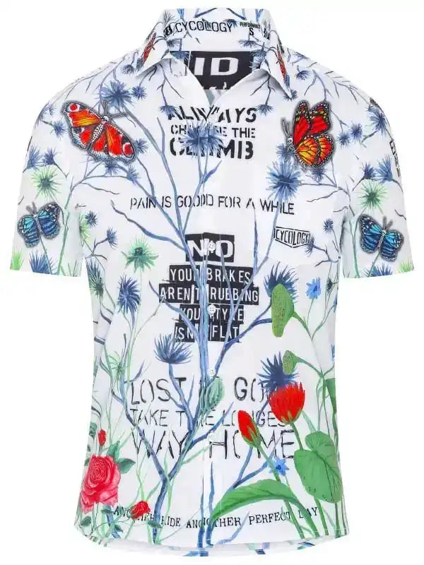 Men's cycling shirt with butterfly and floral print, bold text design, short sleeves, white background