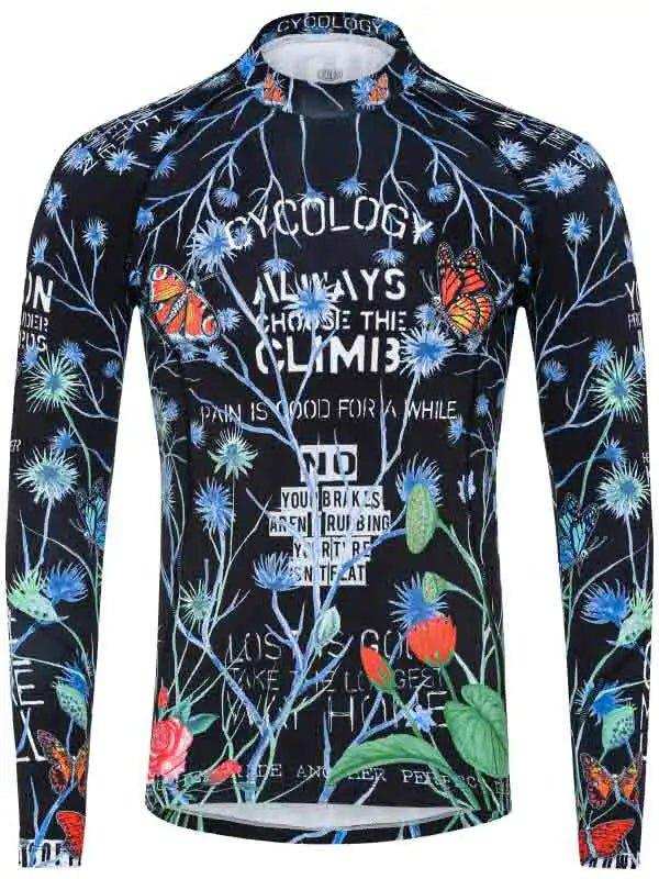 Men's long sleeve cycling jersey with floral and butterfly print, motivational cycling quotes, black base