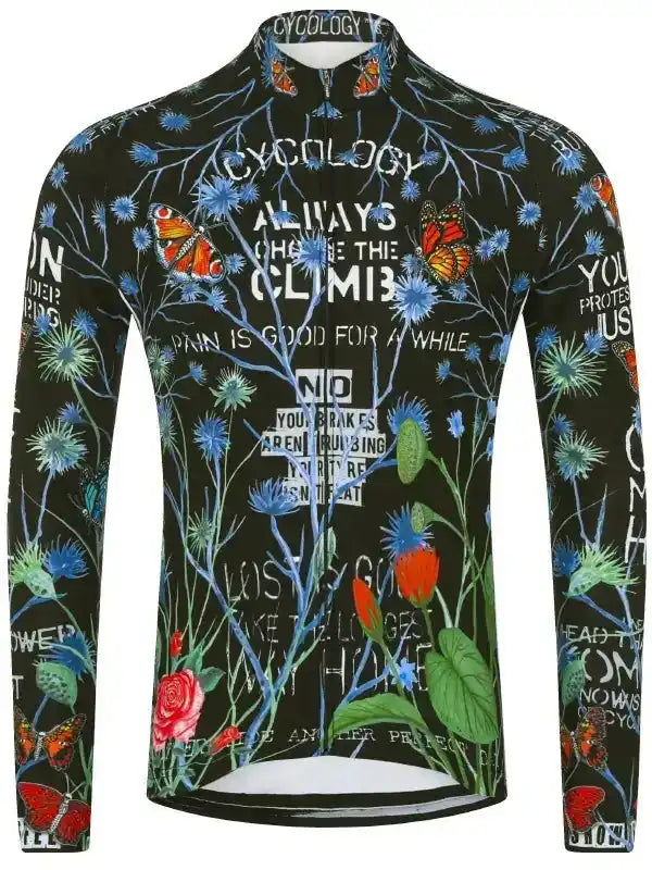 Men's long sleeve cycling jersey with floral and butterfly print, motivational text, black base
