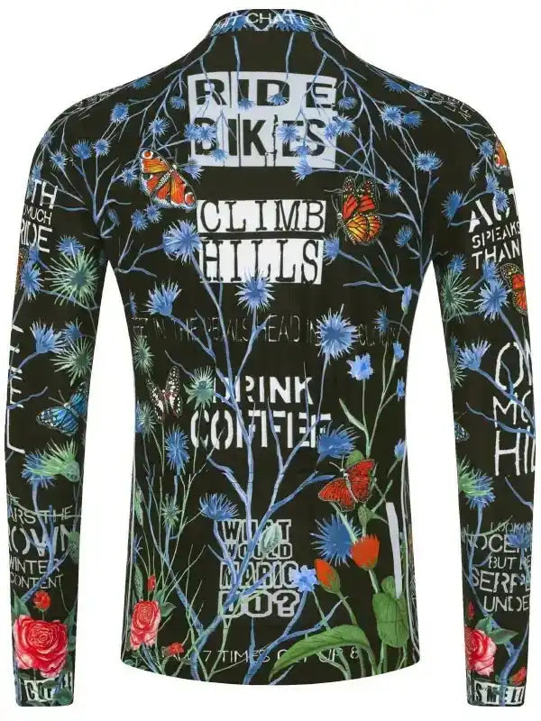 Men's cycling jersey with floral print, butterflies, and bold text like 'RIDE BIKES' and 'CLIMB HILLS'