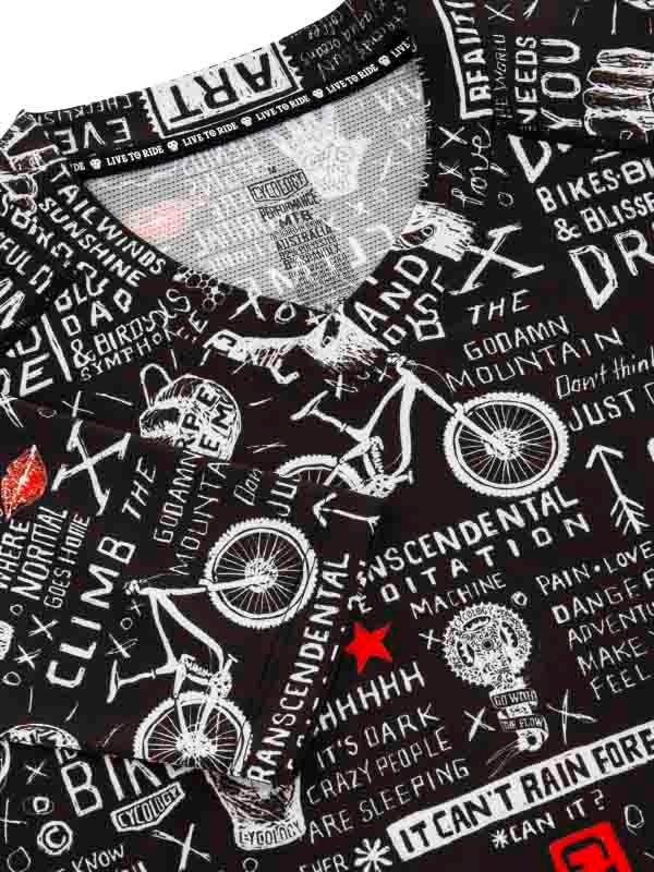 Men's cycling jersey with bold graphic print, bike motifs, and motivational phrases on black fabric