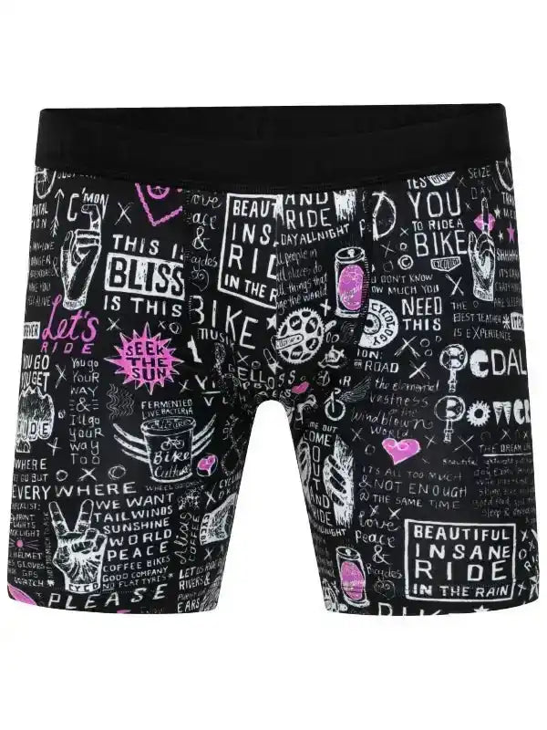 Men's cycling shorts with bold graphic print, featuring bike culture phrases and pink accents on black fabric.