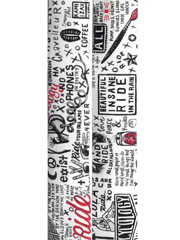 Cycling-themed graphic print with bold text, doodles, and cycling gear icons on fabric