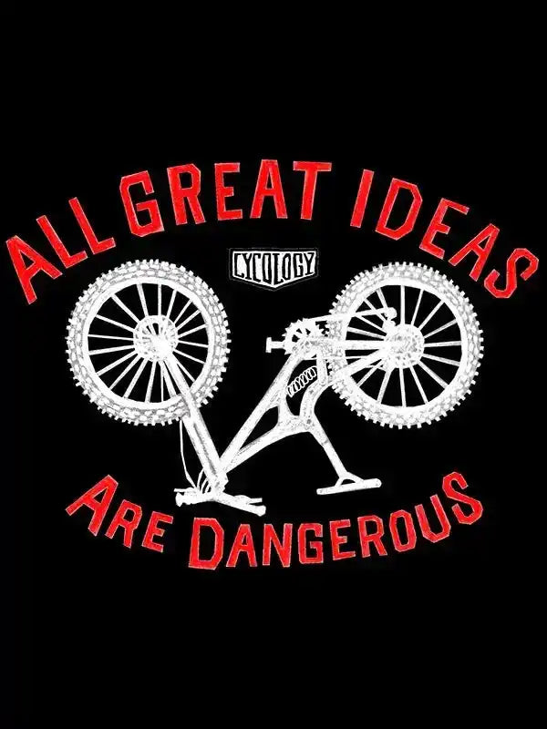 Cycling t-shirt with 'All Great Ideas Are Dangerous' graphic and bike design