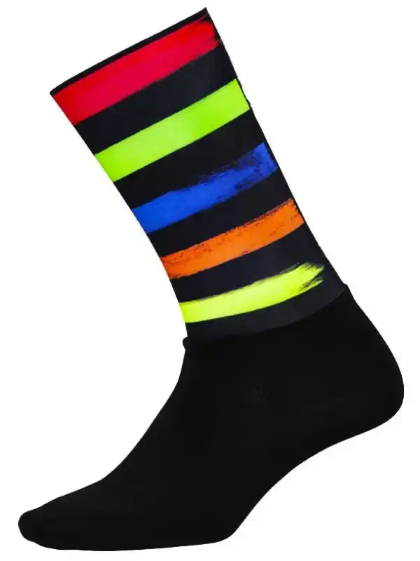 Black cycling sock with bold rainbow stripes, ideal for men's and women's bike rides