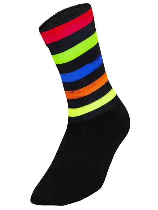 Black cycling sock with bold rainbow stripes, perfect for men's and women's bike rides