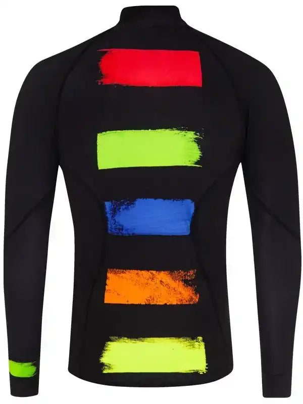 Men's black cycling jersey with colorful brushstroke stripes on back, long sleeves, high collar