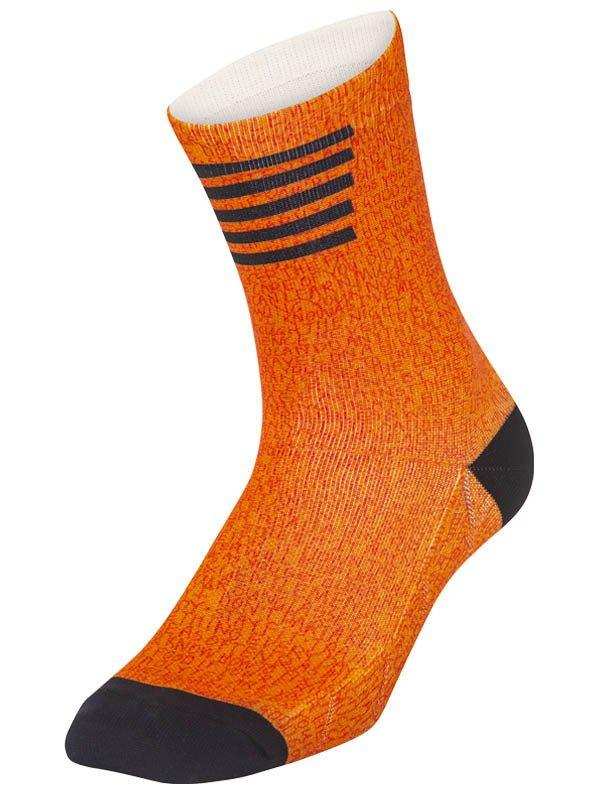 Orange cycling sock with black stripes and toe heel accents, performance fabric for men's and women's rides