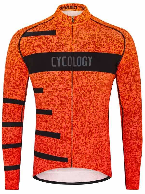 Men's orange long-sleeve cycling jersey with black text print and logo, designed for road biking comfort.