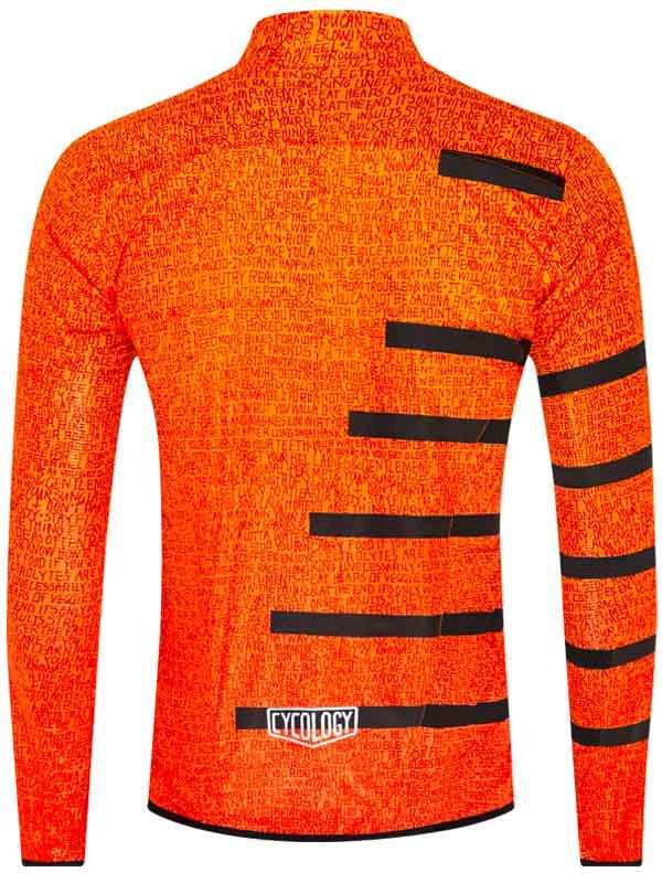 Men's orange cycling jersey with black stripes and text print, long sleeve performance bike wear