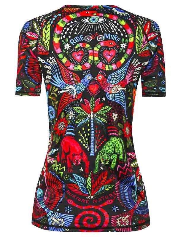 Vibrant women's cycling jersey with colorful nature and animal print, featuring 'RIDE MORE' graphic on back.