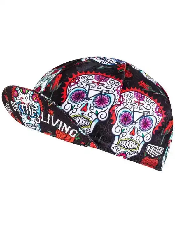 Cycling cap with sugar skull design, vibrant colors, and 'King of the Living' text for men's and women's bike wear