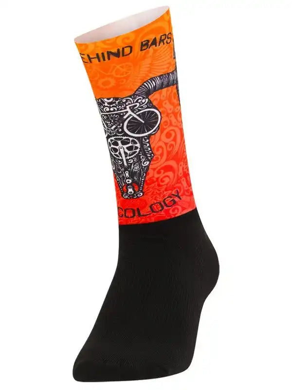 Cycling sock with bull skull and bike graphic, orange and black design for men's or women's rides