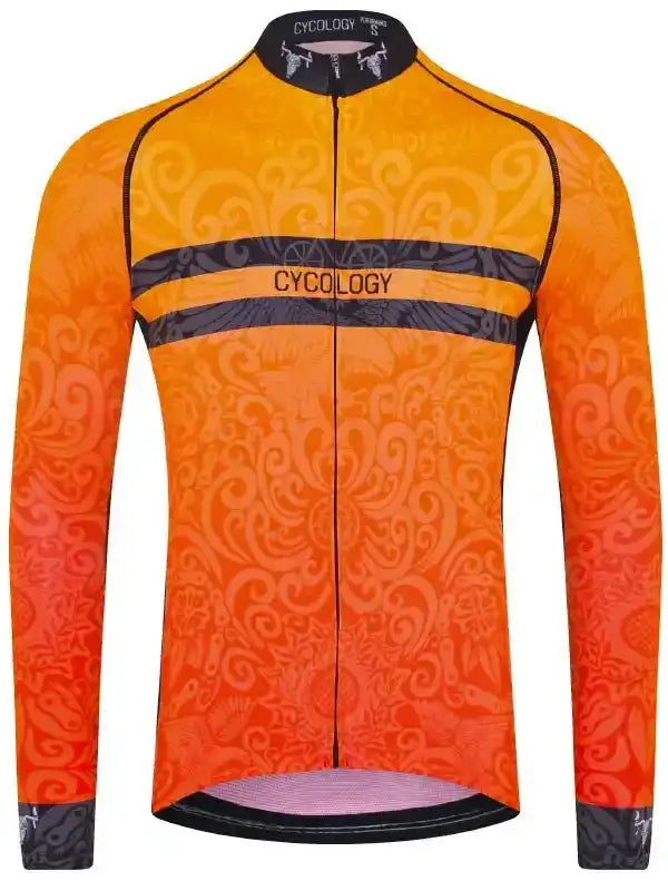Men's orange cycling jersey with swirl pattern, full zip, and CYCOLOGY branding on chest and collar