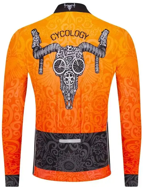 Men's orange cycling jersey with skull and bike graphic, long sleeve, reflective back panel