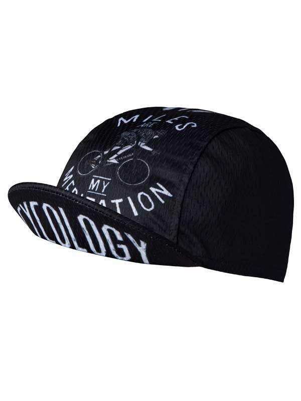 Black cycling cap with 'Miles Are My Meditation' print, ideal for road bike rides and cycling gear