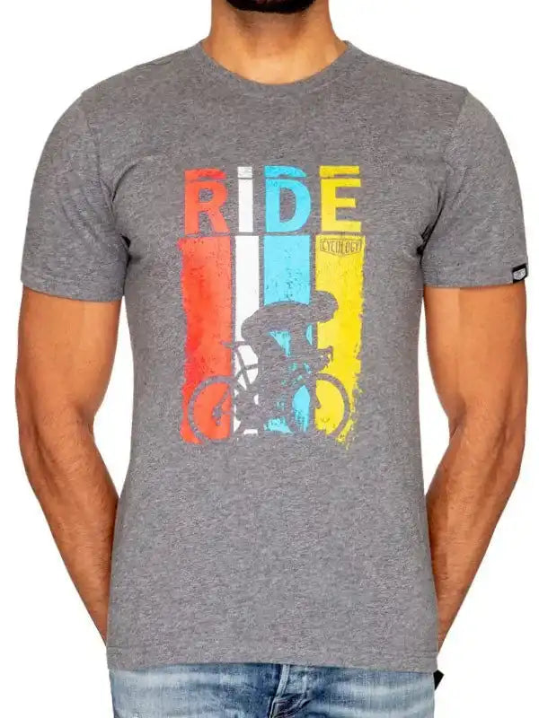 Men's gray cycling t-shirt with colorful 'RIDE' graphic and cyclist silhouette, ideal for bike enthusiasts.