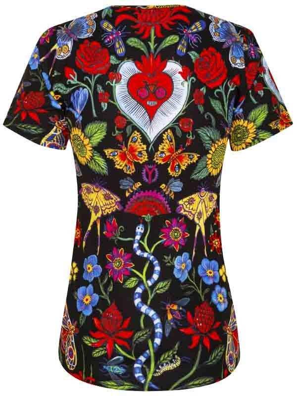 Women's cycling jersey with vibrant floral and butterfly print, featuring heart and snake design on black background