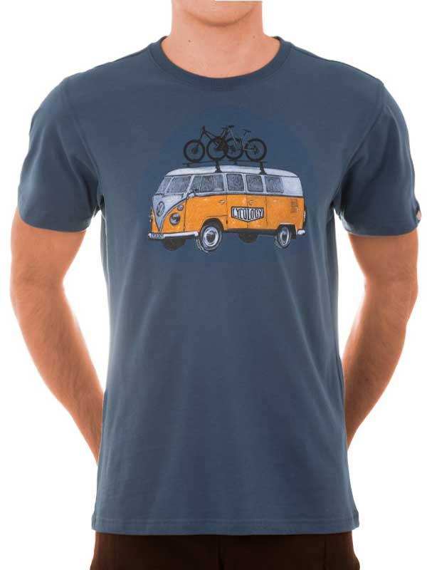 Men's cycling t-shirt with vintage van and bikes graphic, ideal for bike lovers and outdoor adventures.