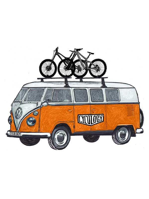 Orange and white van with 'Cycology' logo carrying two mountain bikes on roof rack