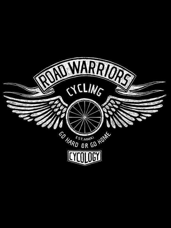 Road Warriors cycling graphic with wings and wheel, bold design for cycling apparel