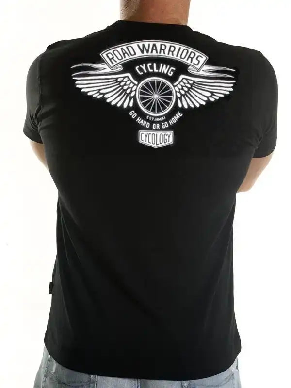 Men's black cycling T-shirt with 'Road Warriors' winged wheel graphic, ideal for road cyclists.