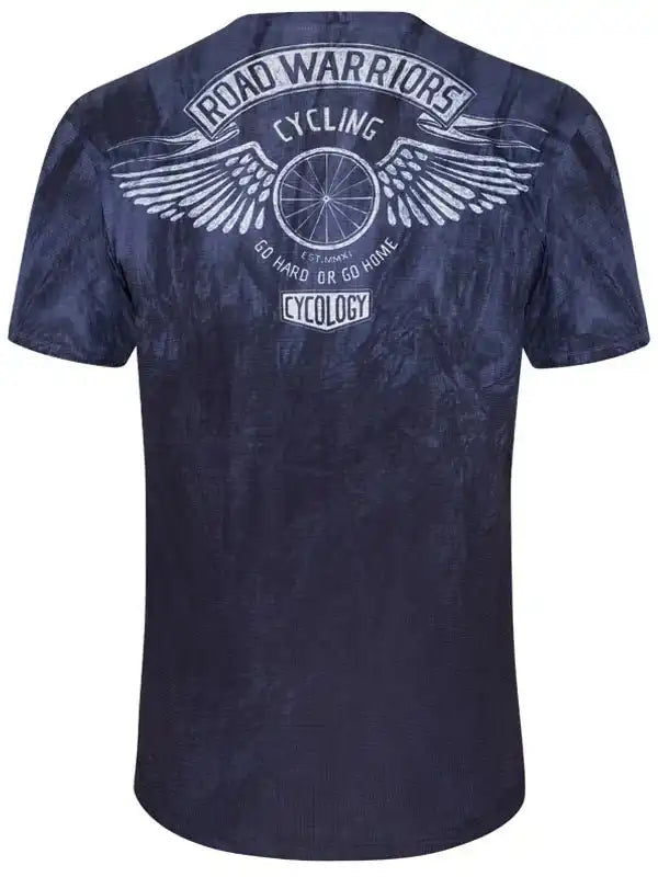 Men's navy cycling t-shirt with 'Road Warriors' graphic, wings, and bike wheel design for road cyclists
