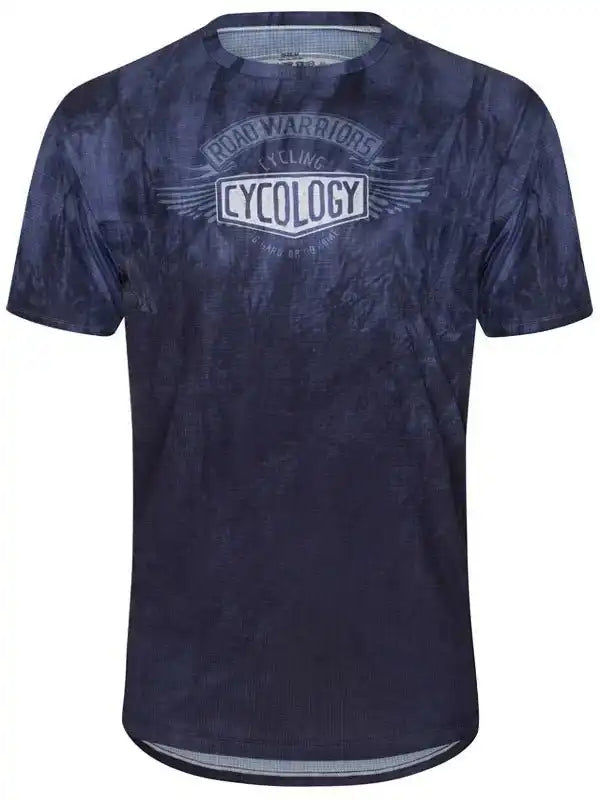 Men's navy cycling jersey with 'Cycology Road Warriors' graphic, ideal for road biking and athletic wear.