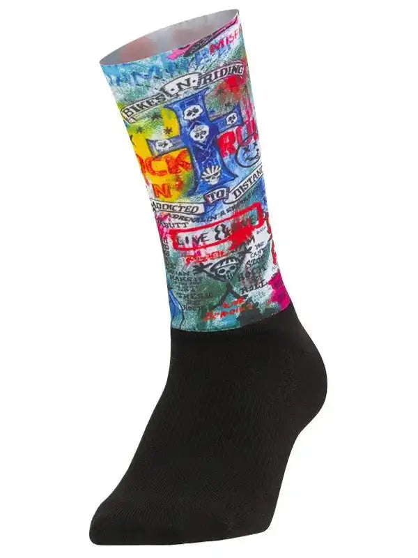 Colorful cycling sock with graffiti-style graphics, black foot, ideal for bike rides and athletic wear