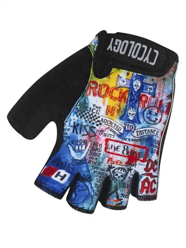 Rock-inspired cycling gloves with vibrant graphic print, fingerless design, and padded palm for comfort.