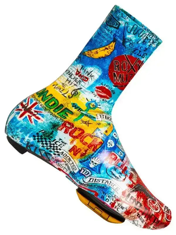 Colorful rock music-themed cycling shoe cover with band logos and graffiti art for road biking