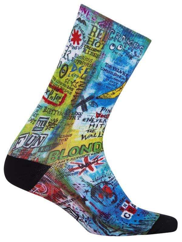 Colorful cycling socks with band names and music graphics, perfect for bike rides and music lovers.
