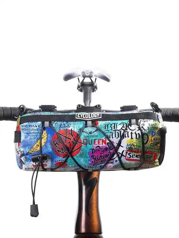 Colorful graffiti-style cycling handlebar bag with bold graphics, perfect for urban bike rides and adventures.
