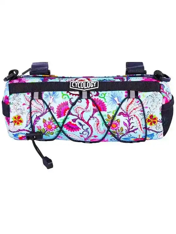 Cycology floral bike frame bag with vibrant print and secure straps for cycling gear storage