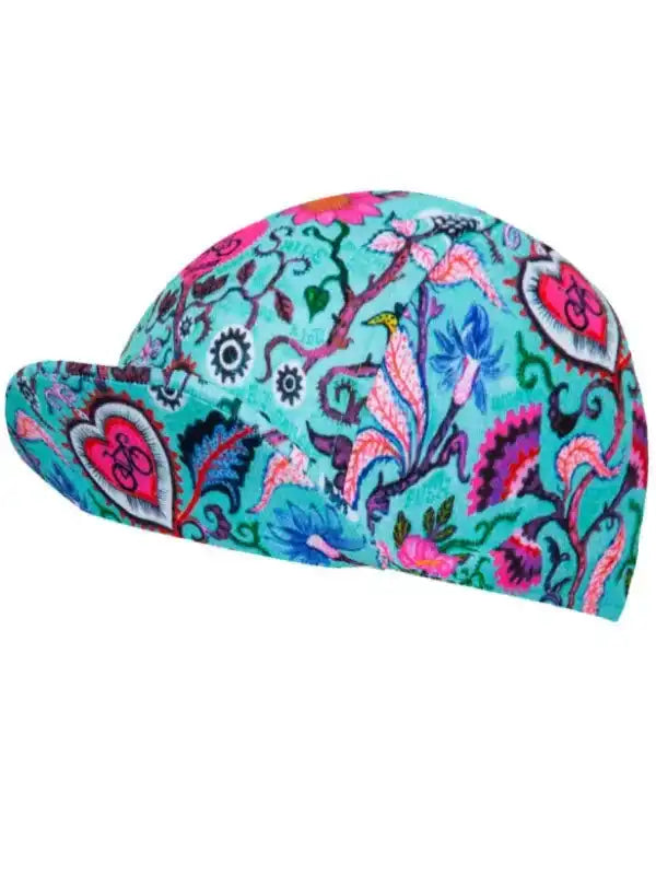 Colorful cycling cap with floral and heart patterns, ideal for men's and women's bike rides