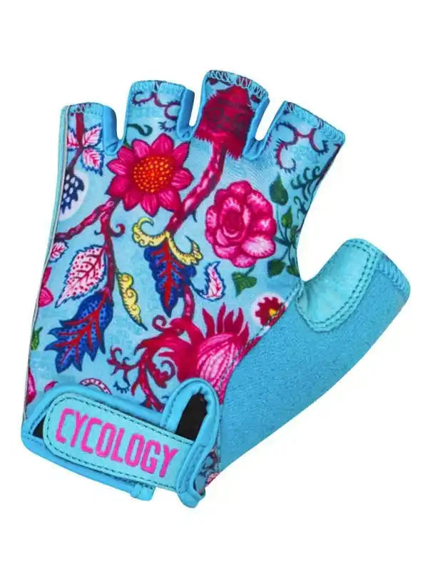 Cycology women's cycling glove with vibrant floral print and blue padding, ideal for comfort and style on rides.