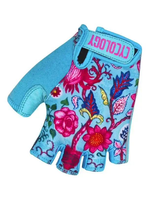 Blue floral cycling glove with pink flowers, fingerless design for women's bike rides