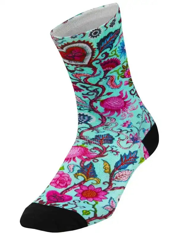 Colorful floral cycling socks with vibrant pink and blue patterns, ideal for men and women riders.