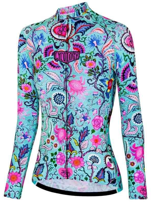 Women's long sleeve cycling jersey with vibrant floral pattern, full zip, and ergonomic fit for road biking.