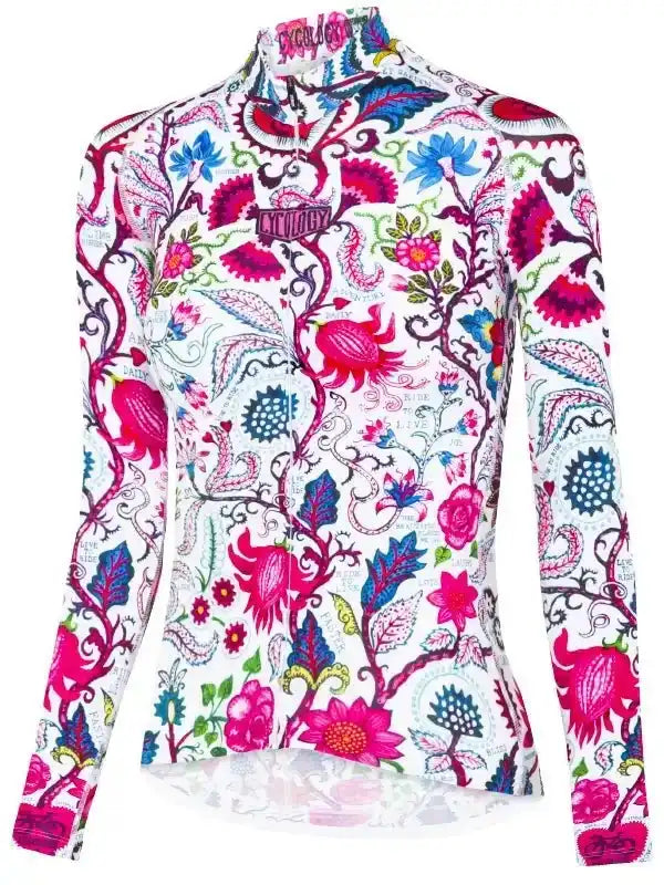 Women's long sleeve cycling jersey with vibrant floral pattern, ideal for road biking and mountain biking adventures.