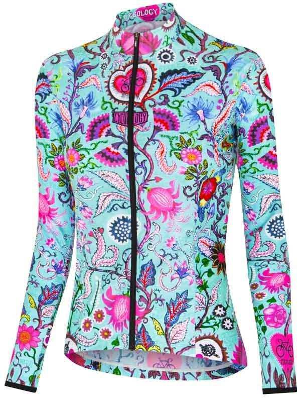 Women's cycling jersey with vibrant floral and paisley print, full zip, long sleeves, designed for comfort and style on rides.
