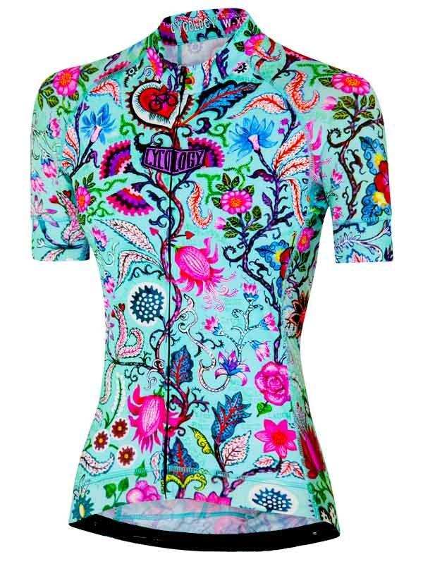 Women's floral cycling jersey with vibrant botanical print, short sleeves, and full zip for road biking