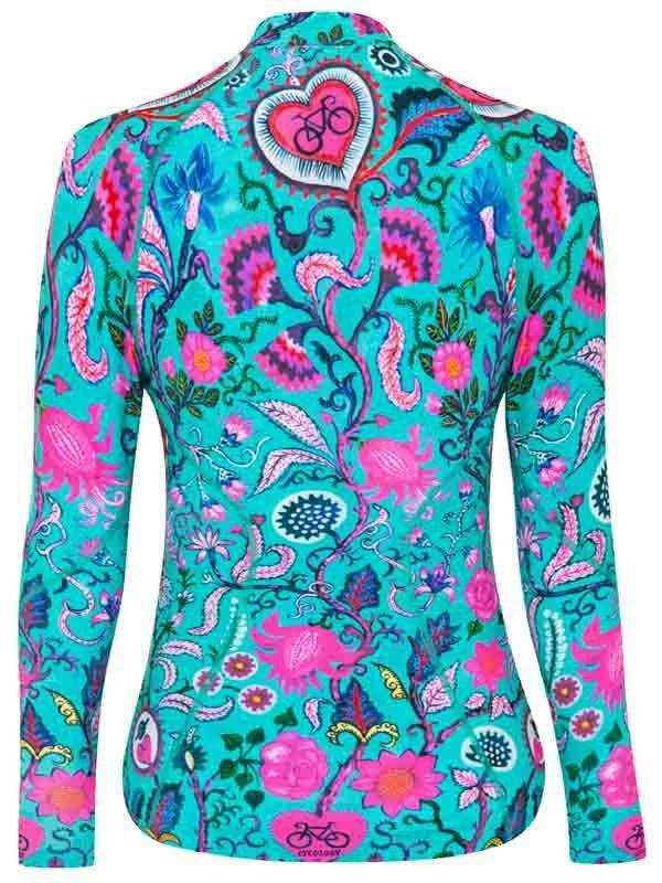 Women's cycling jersey with vibrant floral and paisley print, heart with bike logo, long sleeves