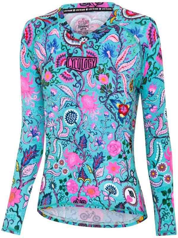 Women's long sleeve cycling jersey with vibrant floral and paisley print in teal and pink