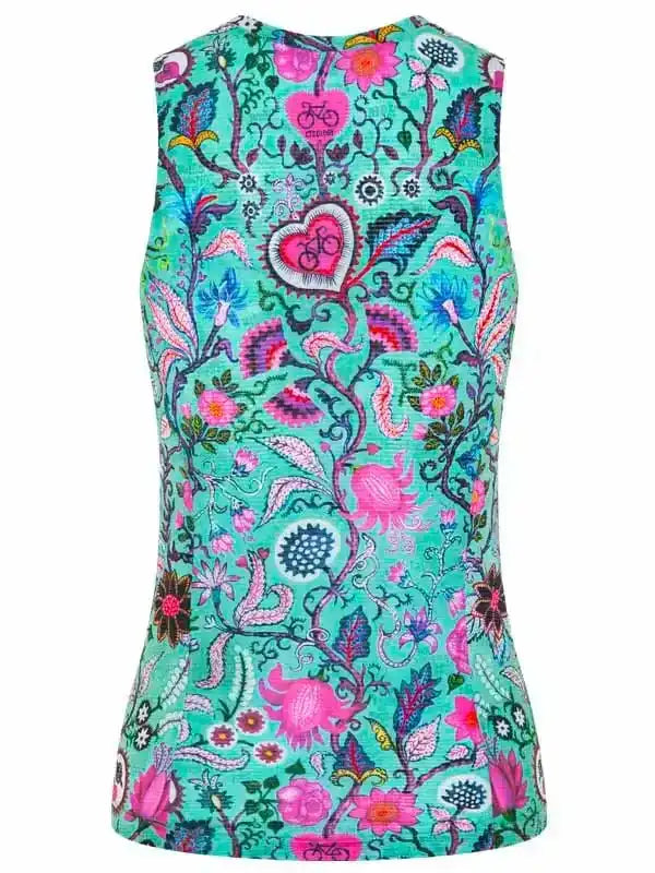 Women's sleeveless cycling jersey with vibrant floral and heart pattern on teal background