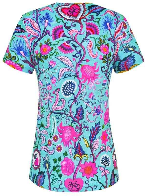 Women's cycling jersey with vibrant floral and heart pattern, featuring bike motifs on teal background